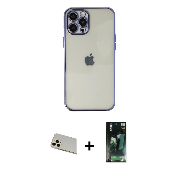 MARSİLYAN™- iPhone 12 Pro Kılıf Vadi Minimal - Siyah 360 Mat Full Body Arka Koruyucu + Rainbow Kamera Lens Koruma Cam - GD