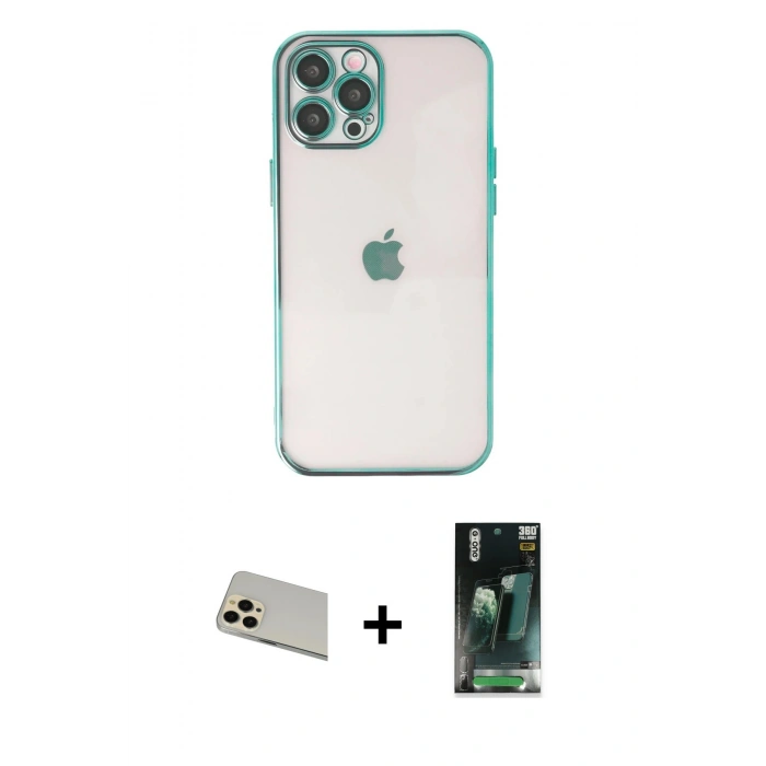 MARSİLYAN™- iPhone 12 Pro Kılıf Vadi Minimal - Siyah 360 Mat Full Body Arka Koruyucu + Rainbow Kamera Lens Koruma Cam - GD