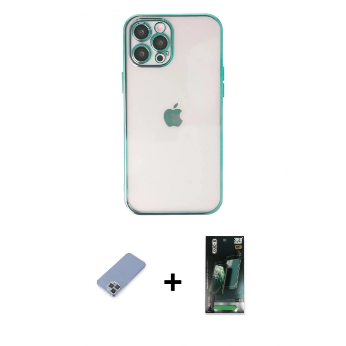 MARSİLYAN™- iPhone 12 Pro Kılıf Vadi Minimal - Siyah 360 Mat Full Body Arka Koruyucu + Metal Kamera Lens Koruma Cam - KUYL