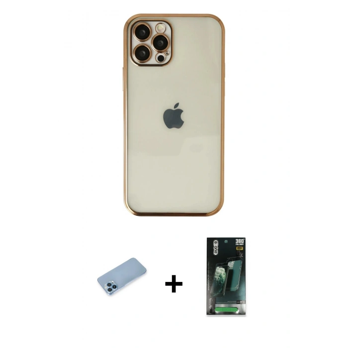 MARSİLYAN™- iPhone 12 Pro Kılıf Vadi Minimal - Siyah 360 Mat Full Body Arka Koruyucu + Shine Kamera Lens Koruma Cam - MI