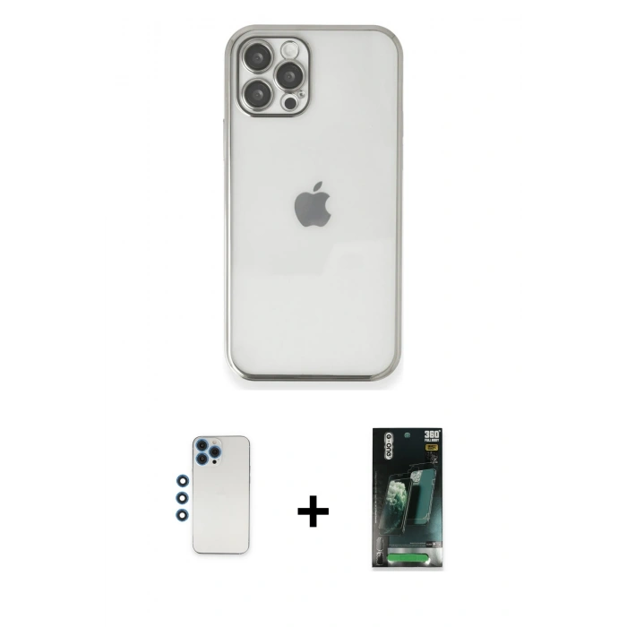 MARSİLYAN™- iPhone 12 Pro Kılıf Vadi Minimal - Siyah 360 Mat Full Body Arka Koruyucu + Mavi Shine Kamera Lens