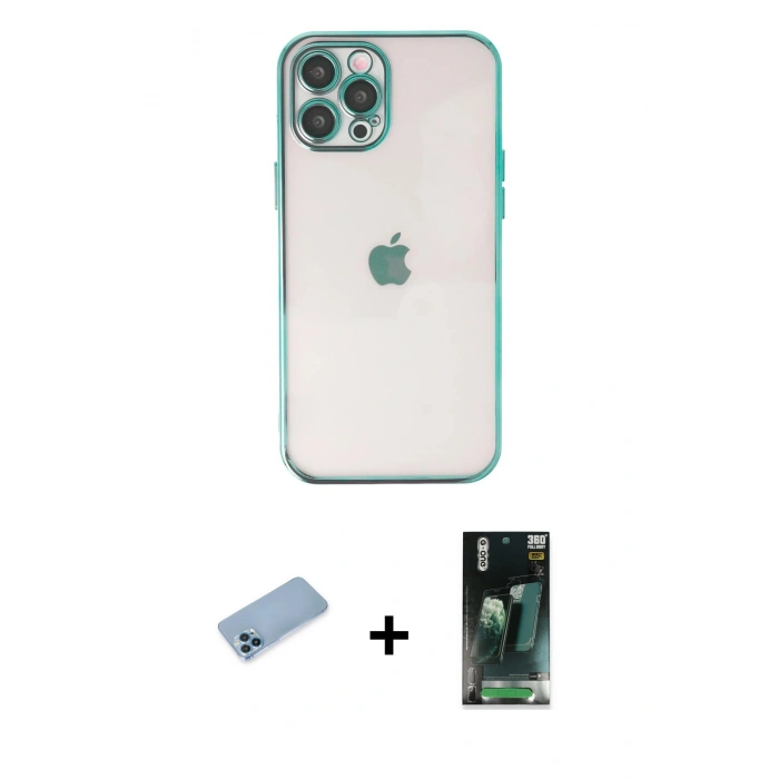 MARSİLYAN™- iPhone 12 Pro Kılıf Vadi Minimal - Siyah 360 Mat Full Body Arka Koruyucu + Shine Kamera Lens Koruma Cam - MI