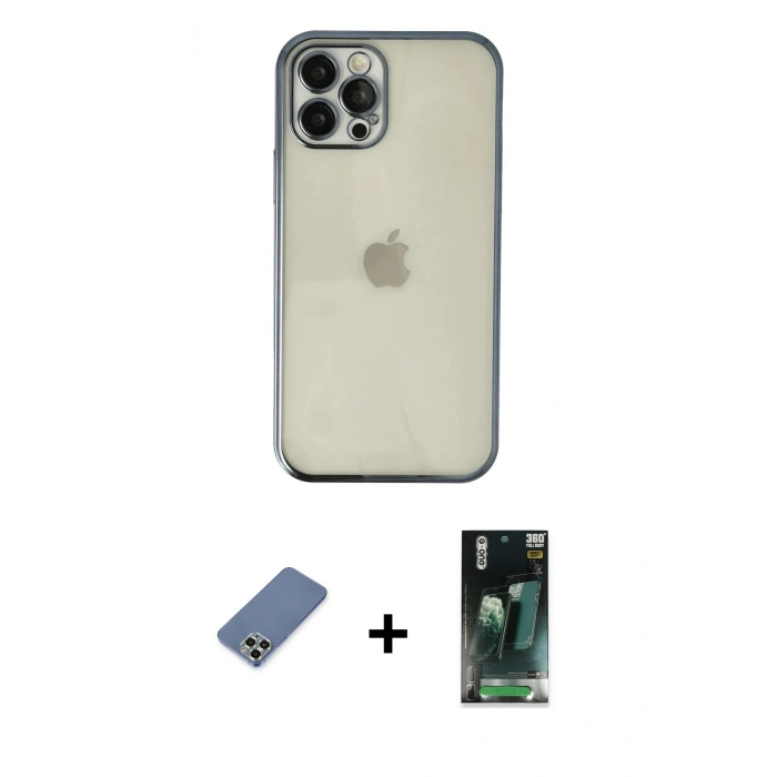 MARSİLYAN™- iPhone 12 Pro Kılıf Vadi Minimal - Siyah 360 Mat Full Body Arka Koruyucu + Metal Kamera Lens Koruma Cam - AKYL