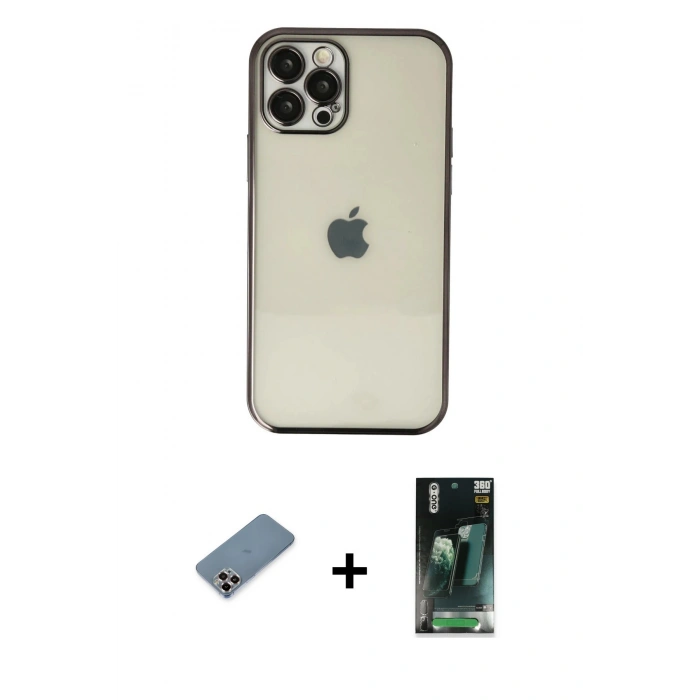 MARSİLYAN™- iPhone 12 Pro Kılıf Vadi Minimal - Siyah 360 Mat Full Body Arka Koruyucu + Metal Kamera Lens Koruma Cam - MR