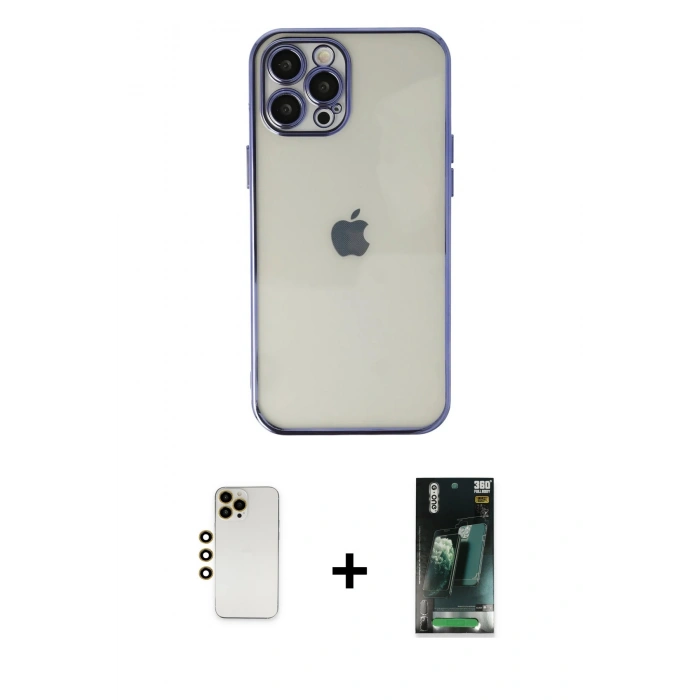 MARSİLYAN™- iPhone 12 Pro Kılıf Vadi Minimal - Siyah 360 Mat Full Body Arka Koruyucu + Shine Kamera Lens - GD
