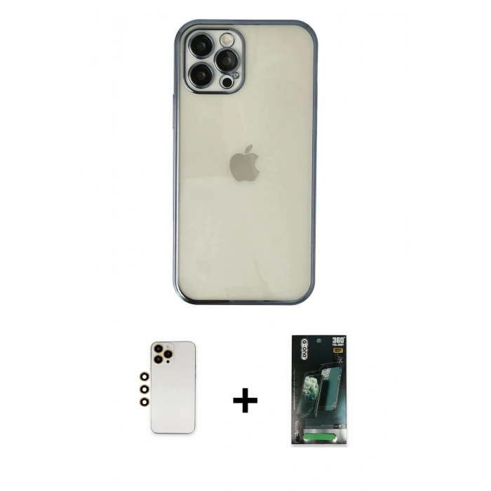 MARSİLYAN™- iPhone 12 Pro Kılıf Vadi Minimal - Siyah 360 Mat Full Body Arka Koruyucu + Shine Kamera Lens - GD