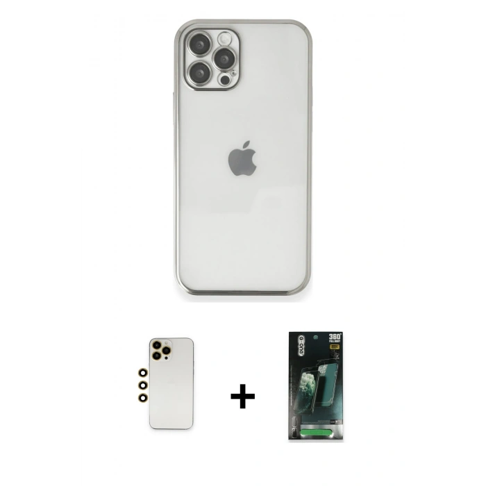 MARSİLYAN™- iPhone 12 Pro Kılıf Vadi Minimal - Siyah 360 Mat Full Body Arka Koruyucu + Shine Kamera Lens - GD