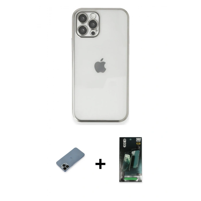 MARSİLYAN™- iPhone 12 Pro Kılıf Vadi Minimal - Siyah 360 Mat Full Body Arka Koruyucu + Shine Kamera Lens Koruma Cam - SH