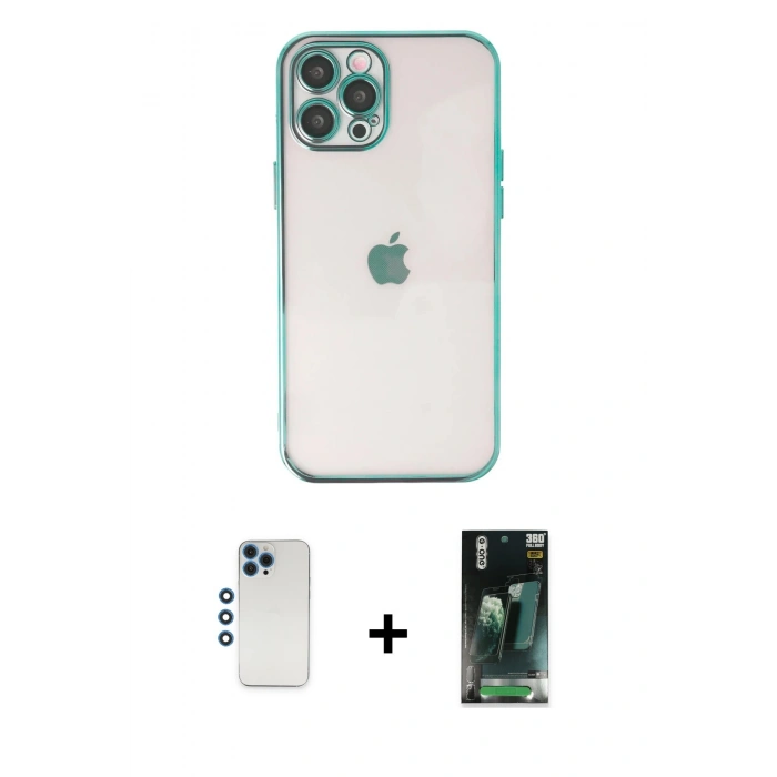 MARSİLYAN™- iPhone 12 Pro Kılıf Vadi Minimal - Siyah 360 Mat Full Body Arka Koruyucu + Shine Kamera Lens - MI