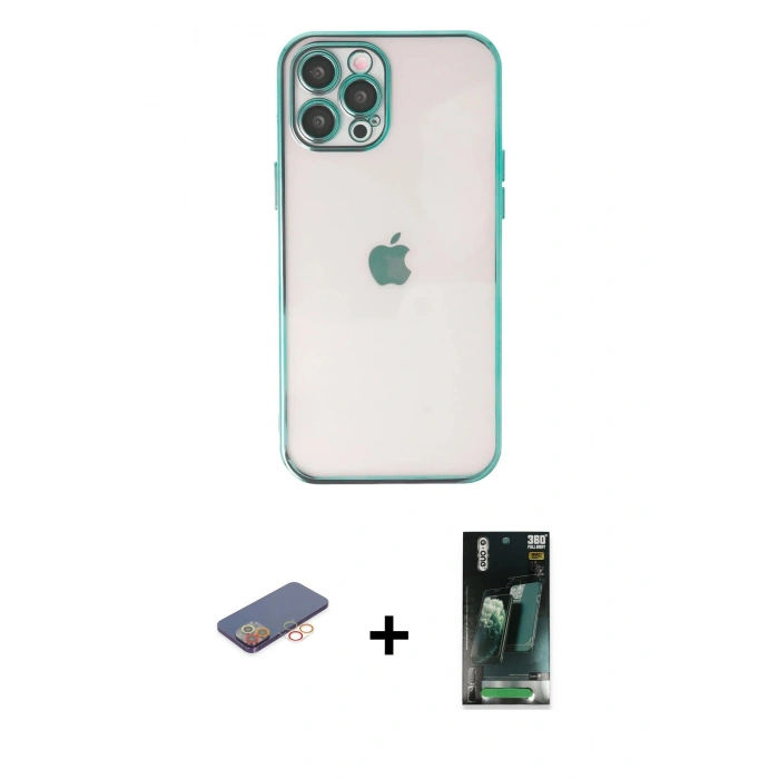 MARSİLYAN™- iPhone 12 Pro Kılıf Vadi Minimal - Siyah 360 Mat Full Body Arka Koruyucu + Renkli Kamera Lens Koruma Cam - TU