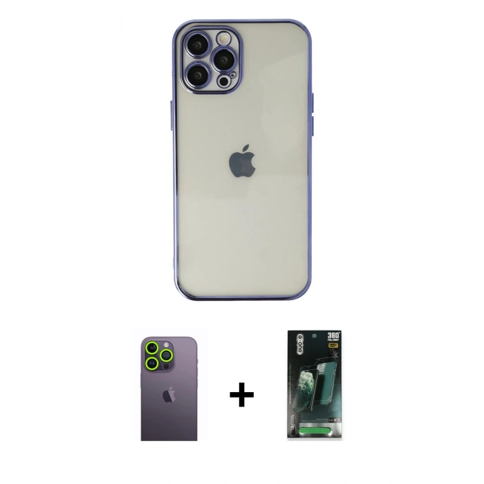 MARSİLYAN™- iPhone 12 Pro Kılıf Vadi Minimal - Siyah 360 Mat Full Body Arka Koruyucu + Neon Fosforlu Kamera Lens - YL
