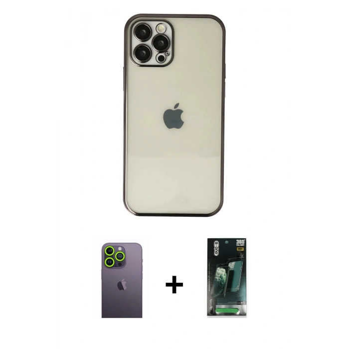 MARSİLYAN™- iPhone 12 Pro Kılıf Vadi Minimal - Siyah 360 Mat Full Body Arka Koruyucu + Neon Fosforlu Kamera Lens - YL