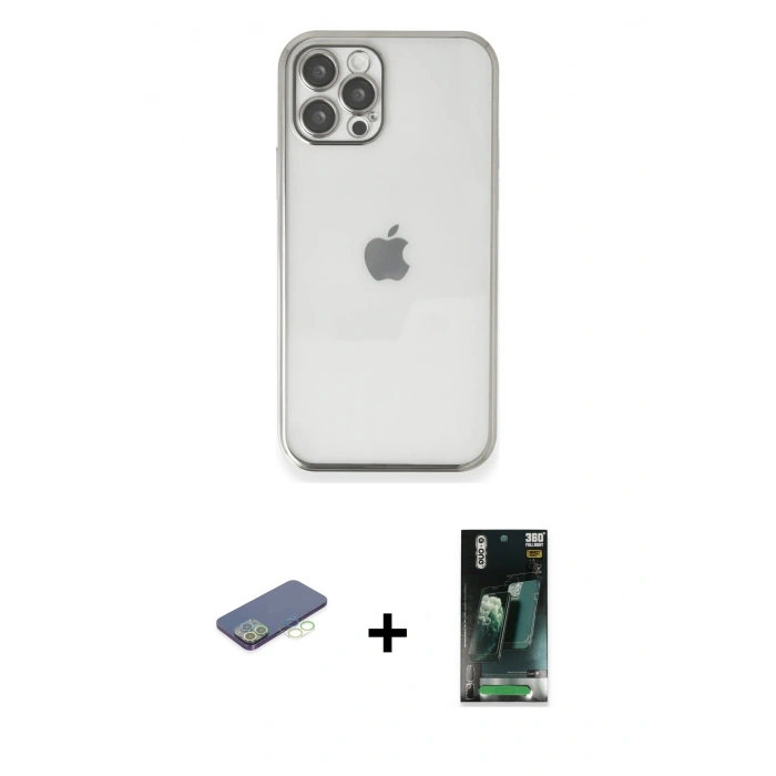 MARSİLYAN™- iPhone 12 Pro Kılıf Vadi Minimal - Siyah 360 Mat Full Body Arka Koruyucu + Renkli Kamera Lens Koruma Cam - YL