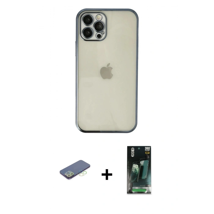 MARSİLYAN™- iPhone 12 Pro Kılıf Vadi Minimal - Siyah 360 Mat Full Body Arka Koruyucu + Renkli Kamera Lens Koruma Cam - YL
