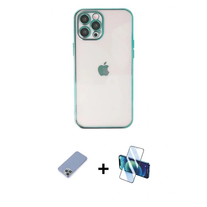 MARSİLYAN™- iPhone 12 Pro Kılıf Vadi Minimal - Siyah 3D Antistatik Cam Ekran Koruyucu + Metal Kamera Lens Koruma Cam - KUYL