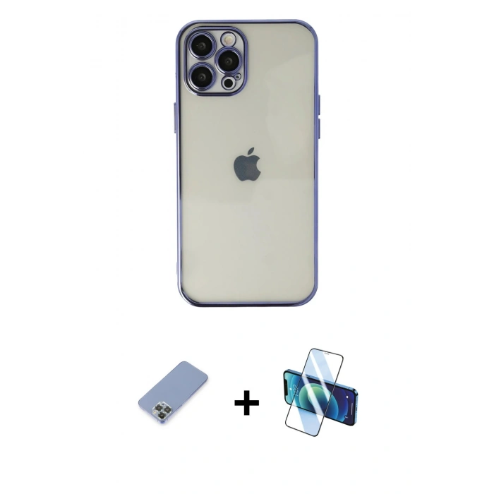 MARSİLYAN™- iPhone 12 Pro Kılıf Vadi Minimal - Siyah 3D Antistatik Cam Ekran Koruyucu + Metal Kamera Lens Koruma Cam - KUYL