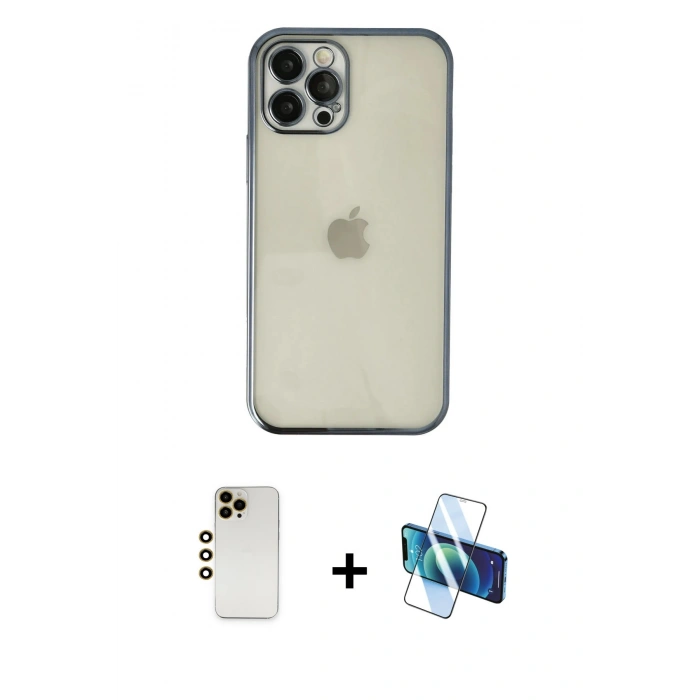 MARSİLYAN™- iPhone 12 Pro Kılıf Vadi Minimal - Siyah 3D Antistatik Cam Ekran Koruyucu + Shine Kamera Lens - GD