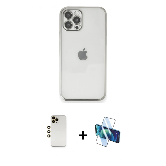 MARSİLYAN™- iPhone 12 Pro Kılıf Vadi Minimal - Siyah 3D Antistatik Cam Ekran Koruyucu + Shine Kamera Lens - GD
