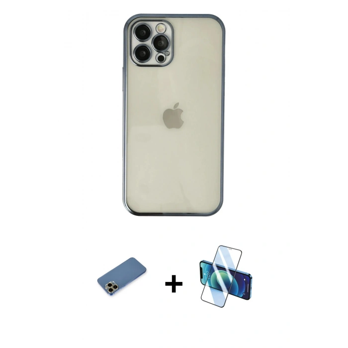 MARSİLYAN™- iPhone 12 Pro Kılıf Vadi Minimal - Siyah 3D Antistatik Cam Ekran Koruyucu + Shine Kamera Lens Koruma Cam - GD