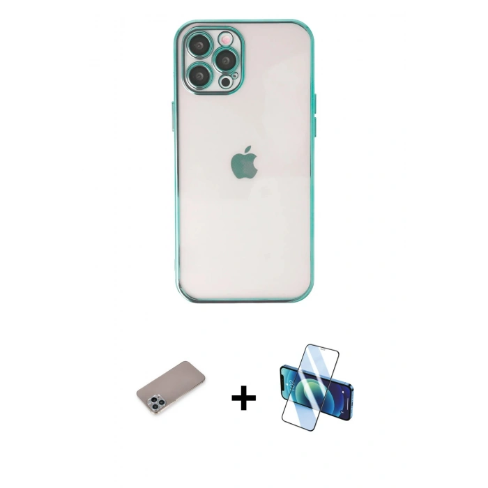 MARSİLYAN™- iPhone 12 Pro Kılıf Vadi Minimal - Siyah 3D Antistatik Cam Ekran Koruyucu + Shine Kamera Lens Koruma Cam - SABE