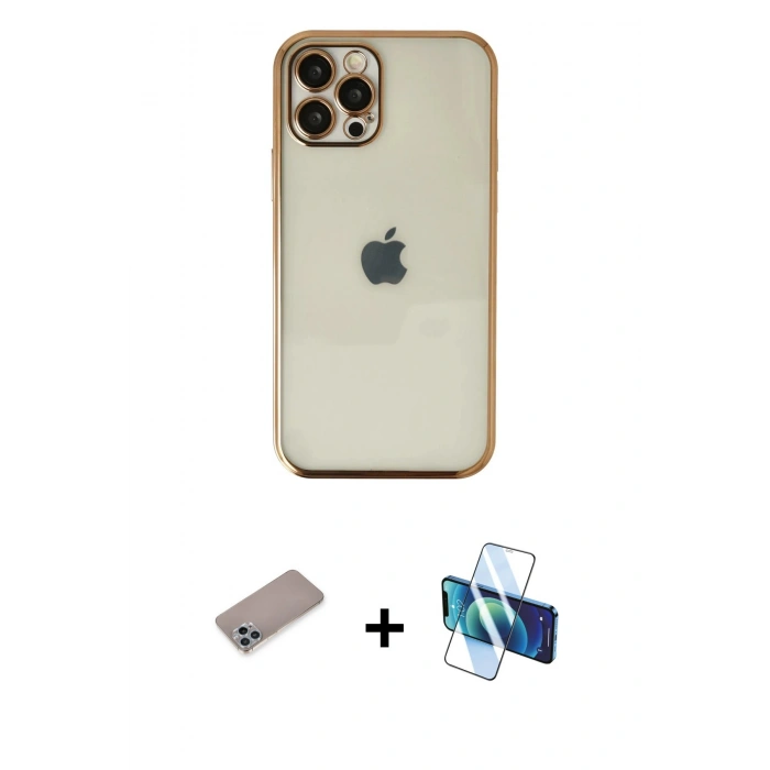 MARSİLYAN™- iPhone 12 Pro Kılıf Vadi Minimal - Siyah 3D Antistatik Cam Ekran Koruyucu + Shine Kamera Lens Koruma Cam - SABE