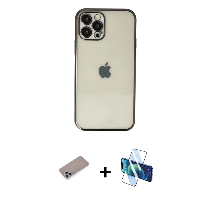 MARSİLYAN™- iPhone 12 Pro Kılıf Vadi Minimal - Siyah 3D Antistatik Cam Ekran Koruyucu + Shine Kamera Lens Koruma Cam - SABE