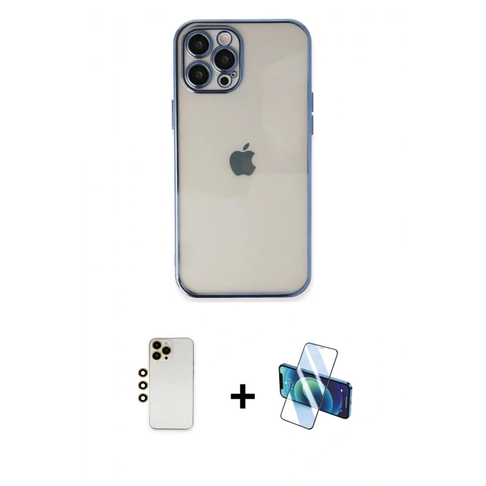 MARSİLYAN™- iPhone 12 Pro Kılıf Vadi Minimal - Siyah 3D Antistatik Cam Ekran Koruyucu + Shine Kamera Lens - GD
