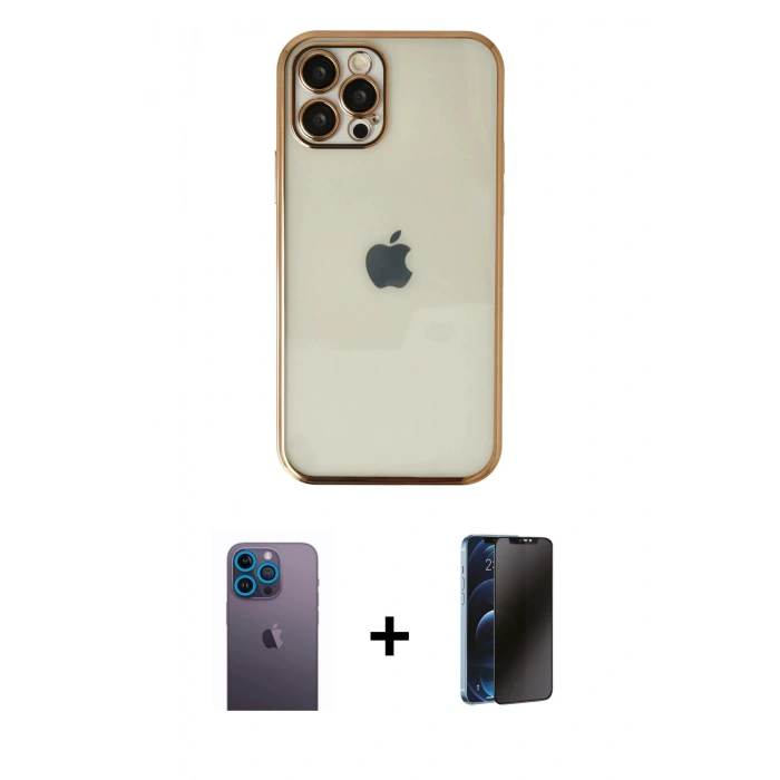 MARSİLYAN™- iPhone 12 Pro Kılıf Vadi Minimal - Siyah 3D Antistatik Hayalet Cam Ekran Koruyucu + Neon Fosforlu Kamera Lens - MI