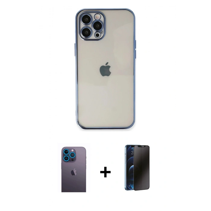 MARSİLYAN™- iPhone 12 Pro Kılıf Vadi Minimal - Siyah 3D Antistatik Hayalet Cam Ekran Koruyucu + Neon Fosforlu Kamera Lens - MI