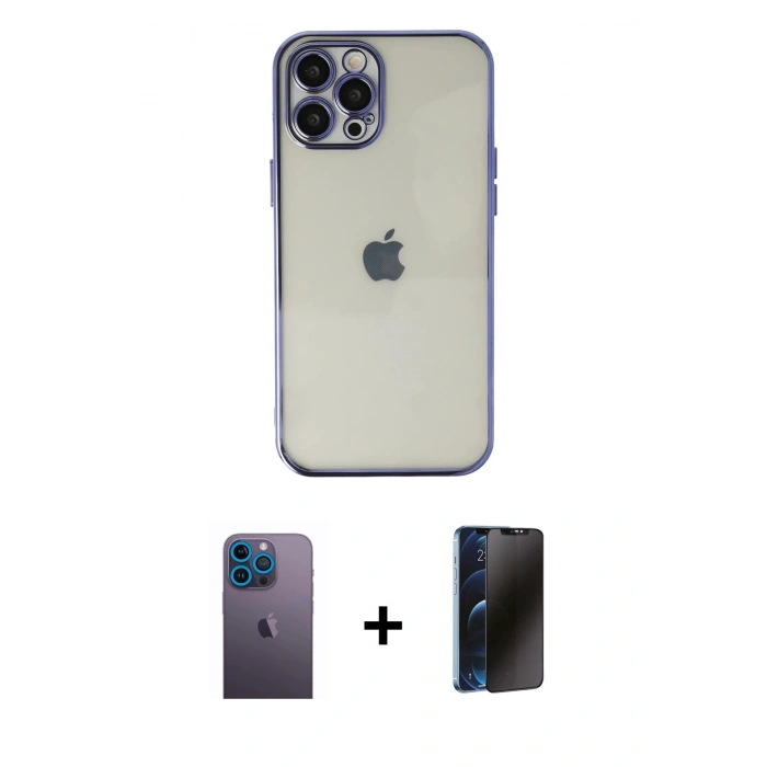 MARSİLYAN™- iPhone 12 Pro Kılıf Vadi Minimal - Siyah 3D Antistatik Hayalet Cam Ekran Koruyucu + Neon Fosforlu Kamera Lens - MI