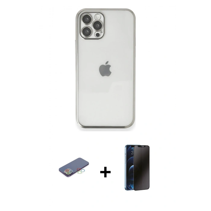 MARSİLYAN™- iPhone 12 Pro Kılıf Vadi Minimal - Siyah 3D Antistatik Hayalet Cam Ekran Koruyucu + Renkli Kamera Lens Koruma Cam - MI