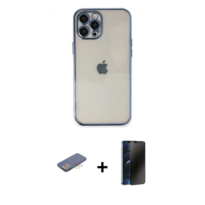 MARSİLYAN™- iPhone 12 Pro Kılıf Vadi Minimal - Siyah 3D Antistatik Hayalet Cam Ekran Koruyucu + Renkli Kamera Lens Koruma Cam - MI