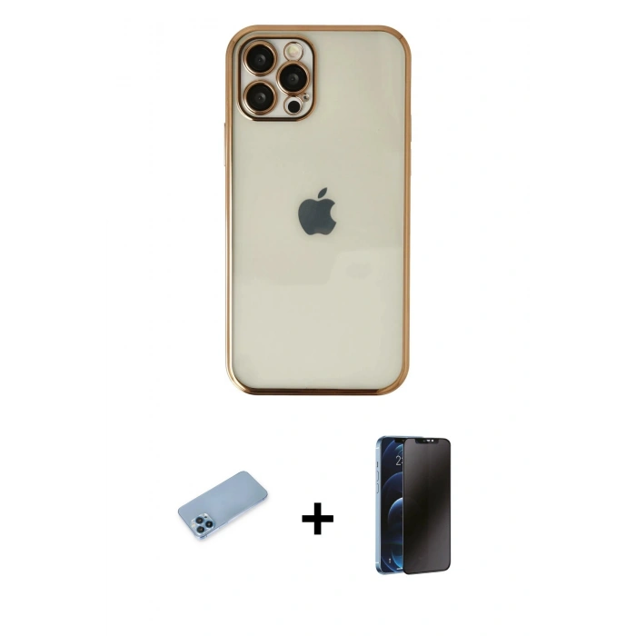MARSİLYAN™- iPhone 12 Pro Kılıf Vadi Minimal - Siyah 3D Antistatik Hayalet Cam Ekran Koruyucu + Shine Kamera Lens Koruma Cam - MI