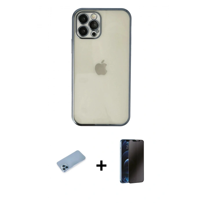MARSİLYAN™- iPhone 12 Pro Kılıf Vadi Minimal - Siyah 3D Antistatik Hayalet Cam Ekran Koruyucu + Shine Kamera Lens Koruma Cam - MI