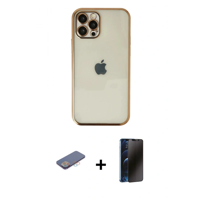MARSİLYAN™- iPhone 12 Pro Kılıf Vadi Minimal - Siyah 3D Antistatik Hayalet Cam Ekran Koruyucu + Renkli Kamera Lens Koruma Cam - PE
