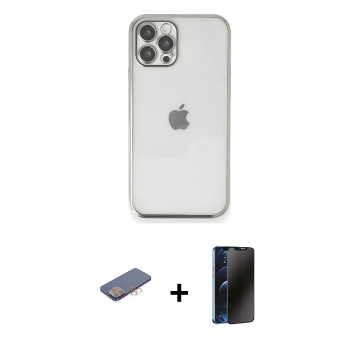 MARSİLYAN™- iPhone 12 Pro Kılıf Vadi Minimal - Siyah 3D Antistatik Hayalet Cam Ekran Koruyucu + Renkli Kamera Lens Koruma Cam - PE