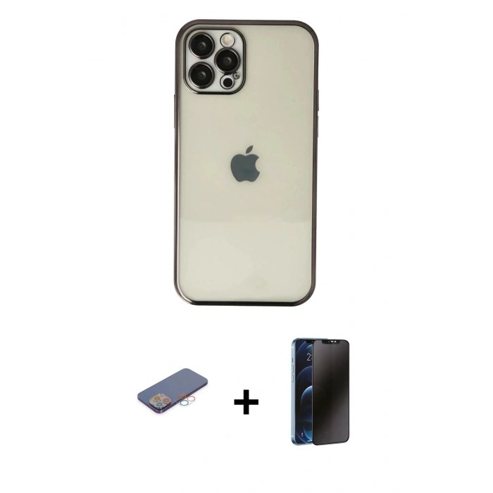 MARSİLYAN™- iPhone 12 Pro Kılıf Vadi Minimal - Siyah 3D Antistatik Hayalet Cam Ekran Koruyucu + Renkli Kamera Lens Koruma Cam - PE