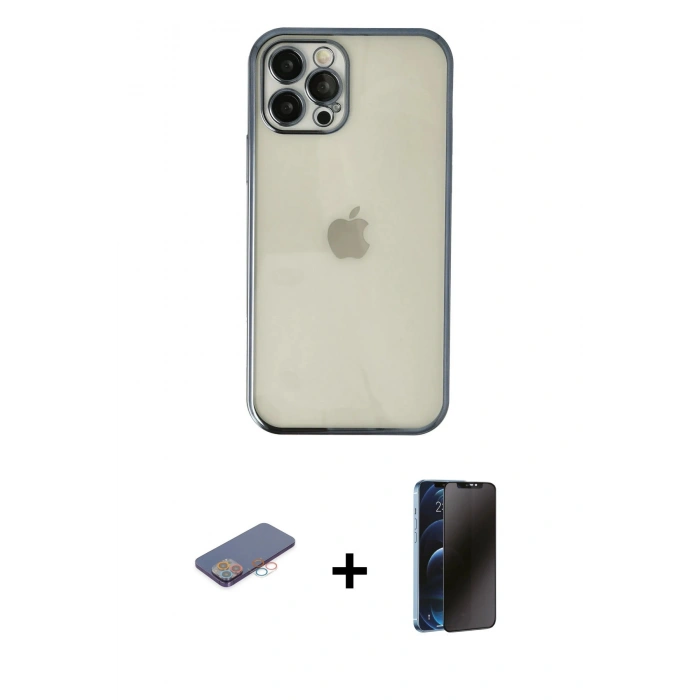 MARSİLYAN™- iPhone 12 Pro Kılıf Vadi Minimal - Siyah 3D Antistatik Hayalet Cam Ekran Koruyucu + Renkli Kamera Lens Koruma Cam - PE