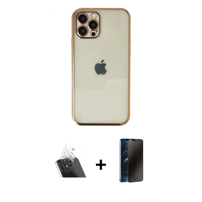 MARSİLYAN™- iPhone 12 Pro Kılıf Vadi Minimal - Siyah 3D Antistatik Hayalet Cam Ekran Koruyucu + Kamera Lens Koruma Cam - SF