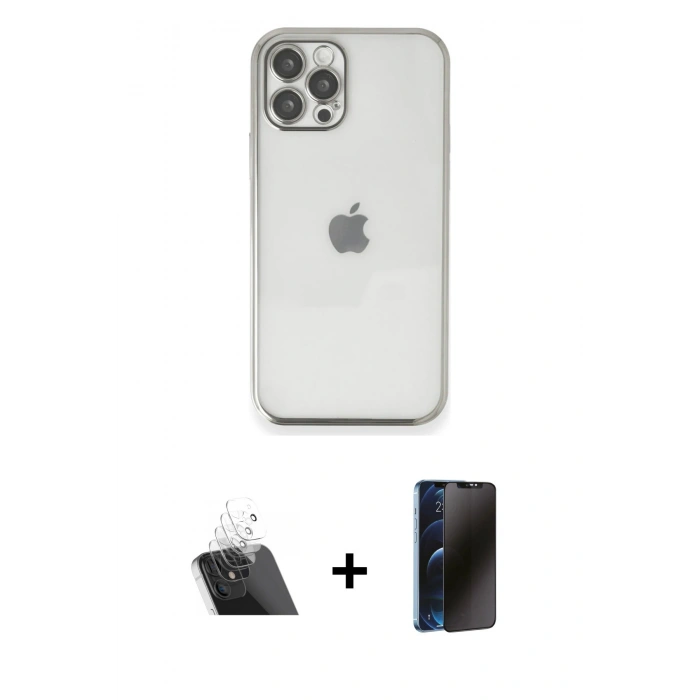 MARSİLYAN™- iPhone 12 Pro Kılıf Vadi Minimal - Siyah 3D Antistatik Hayalet Cam Ekran Koruyucu + Kamera Lens Koruma Cam - SF