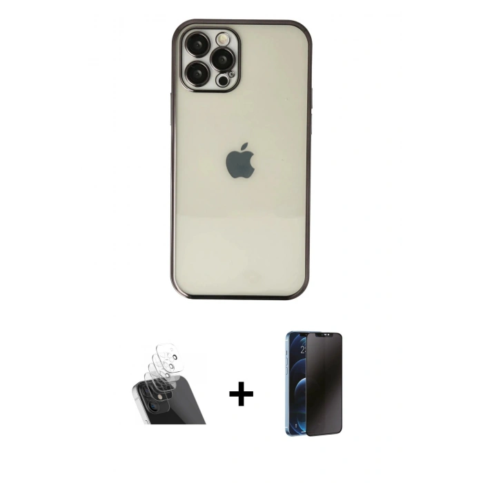 MARSİLYAN™- iPhone 12 Pro Kılıf Vadi Minimal - Siyah 3D Antistatik Hayalet Cam Ekran Koruyucu + Kamera Lens Koruma Cam - SF