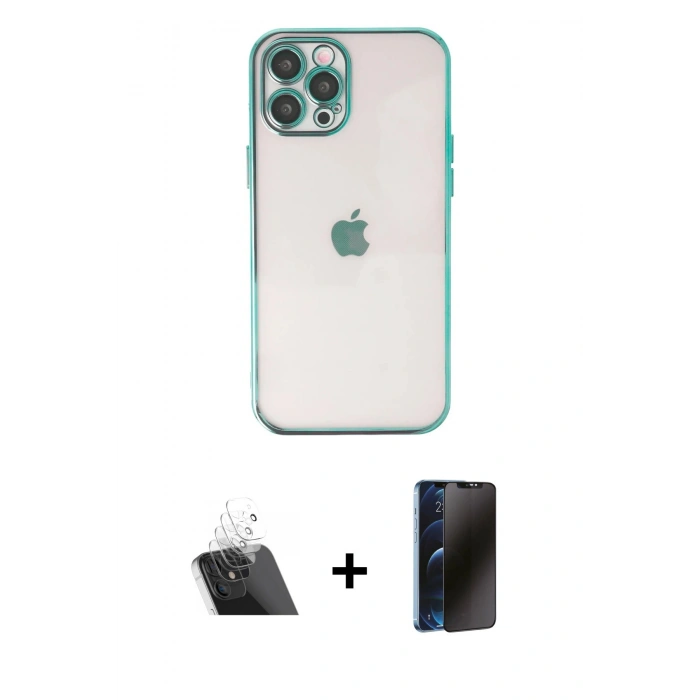 MARSİLYAN™- iPhone 12 Pro Kılıf Vadi Minimal - Siyah 3D Antistatik Hayalet Cam Ekran Koruyucu + Kamera Lens Koruma Cam - SF