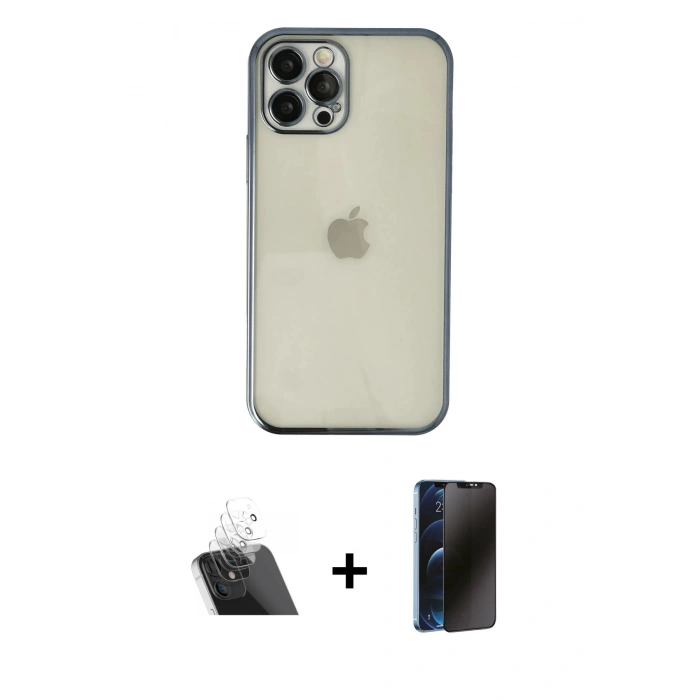 MARSİLYAN™- iPhone 12 Pro Kılıf Vadi Minimal - Siyah 3D Antistatik Hayalet Cam Ekran Koruyucu + Kamera Lens Koruma Cam - SF