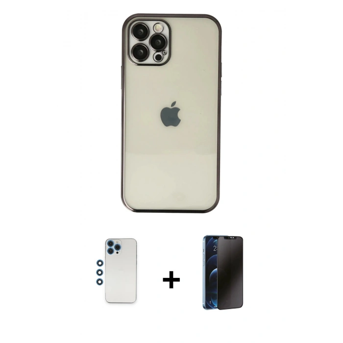 MARSİLYAN™- iPhone 12 Pro Kılıf Vadi Minimal - Siyah 3D Antistatik Hayalet Cam Ekran Koruyucu + Shine Kamera Lens - MI