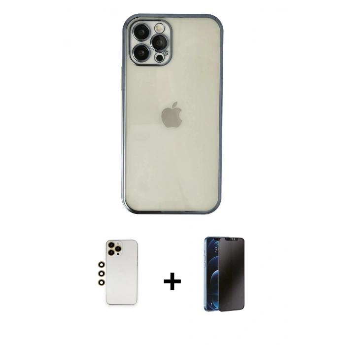 MARSİLYAN™- iPhone 12 Pro Kılıf Vadi Minimal - Siyah 3D Antistatik Hayalet Cam Ekran Koruyucu + Shine Kamera Lens - GD