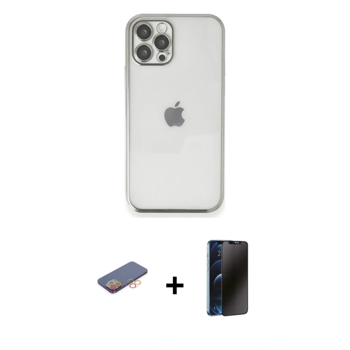 MARSİLYAN™- iPhone 12 Pro Kılıf Vadi Minimal - Siyah 3D Antistatik Hayalet Cam Ekran Koruyucu + Renkli Kamera Lens Koruma Cam - TU