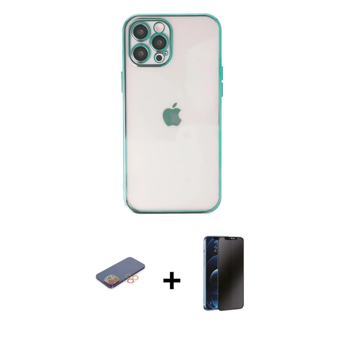 MARSİLYAN™- iPhone 12 Pro Kılıf Vadi Minimal - Siyah 3D Antistatik Hayalet Cam Ekran Koruyucu + Renkli Kamera Lens Koruma Cam - TU