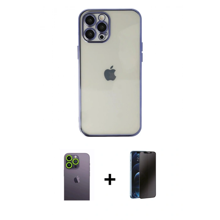 MARSİLYAN™- iPhone 12 Pro Kılıf Vadi Minimal - Siyah 3D Antistatik Hayalet Cam Ekran Koruyucu + Neon Fosforlu Kamera Lens - YL