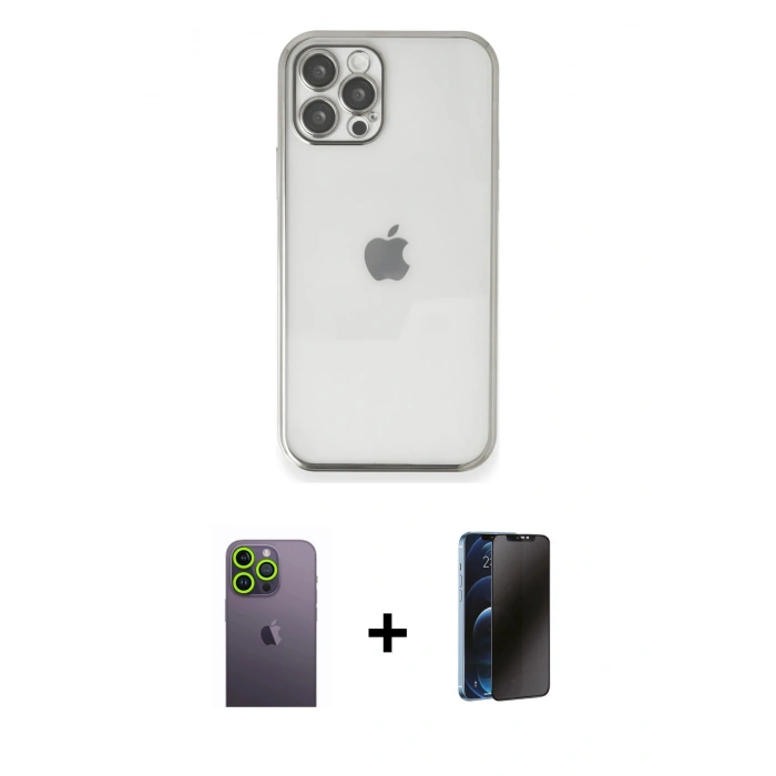MARSİLYAN™- iPhone 12 Pro Kılıf Vadi Minimal - Siyah 3D Antistatik Hayalet Cam Ekran Koruyucu + Neon Fosforlu Kamera Lens - YL