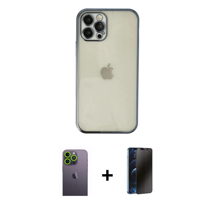 MARSİLYAN™- iPhone 12 Pro Kılıf Vadi Minimal - Siyah 3D Antistatik Hayalet Cam Ekran Koruyucu + Neon Fosforlu Kamera Lens - YL